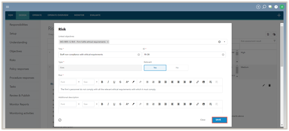 Sla een gewijzigd risico op.